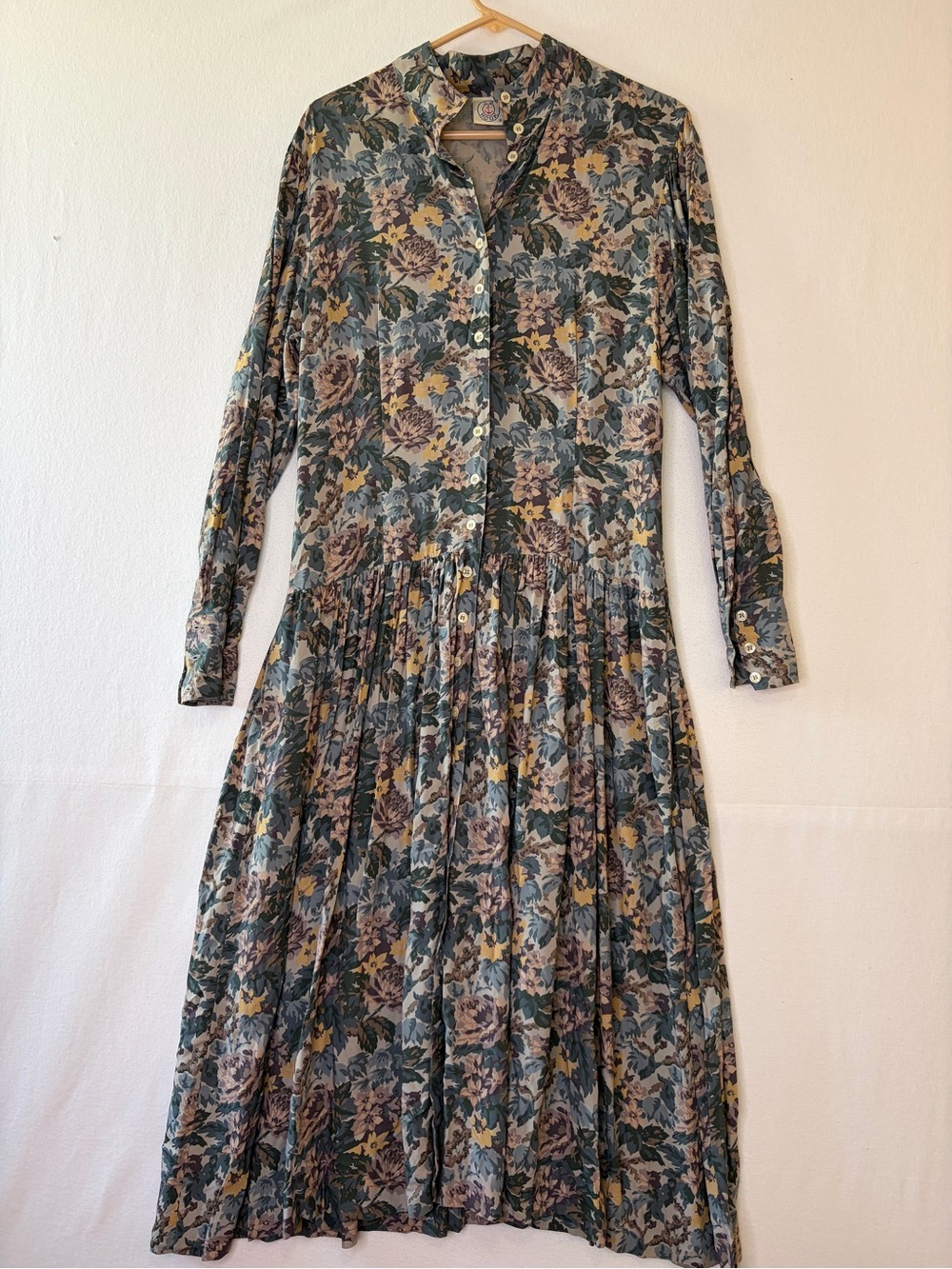 Vintage 90s J.G. Hook Gray Floral Rayon Drop Waist Midi Dress Long Sleeve
